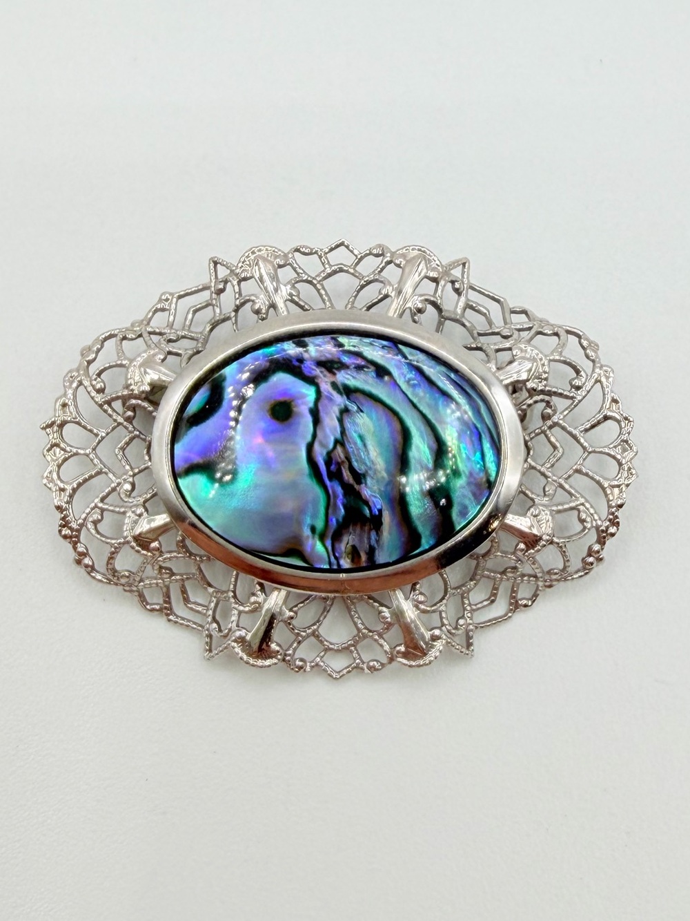 Vintage Abalone Shell Silver Tone Filigree Statement Brooch